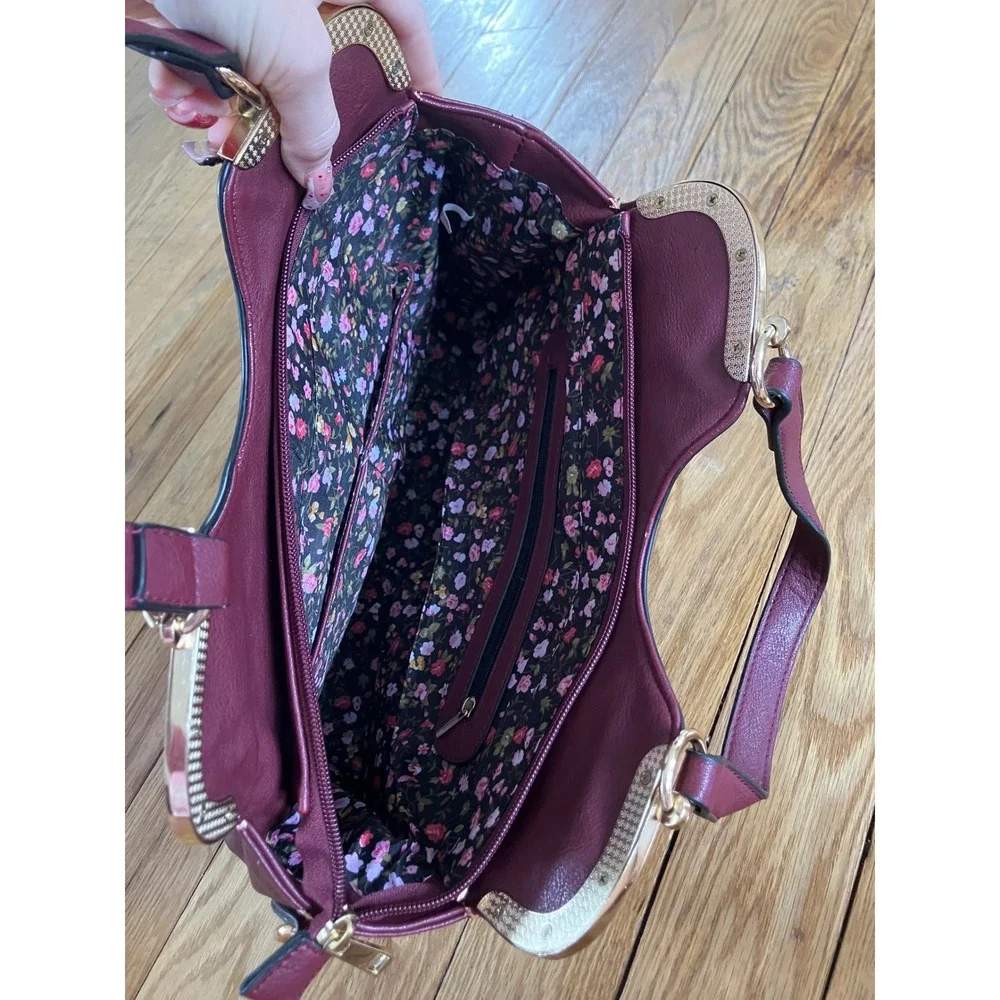 Elegant‎ Burgundy Top Handle Satchel Bag with Shoulder Strap Gold Hardware